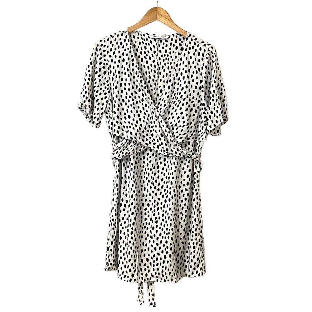 Zara Women's Dress Polka Dot Tie Waist Knee Length Size L Short Sleeve Viscose - Picture 1 of 9
